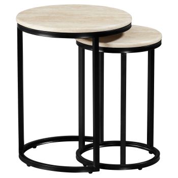 Runder Beistelltisch mit Design-Kunstmarmorplatte und Stahlbeinen in Beige und Schwarz, Durchmesser 45/34 x Höhe 57/50 cm, Kollektion MARJA