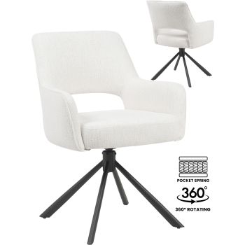 Designer-Esszimmerstuhl mit 360°-Drehfunktion, beigefarbenem Stoffbezug und schwarzem Stahlgestell mit Taschenfederkern. B 73 x T 58 x H 62 cm. Kollektion SAMOS.