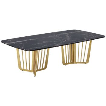 Designer-Couchtisch mit schwarzer Kunstmarmorplatte und goldfarbenem Stahlgestell. B 140 x T 72 x H 45 cm. FASTRO-Kollektion