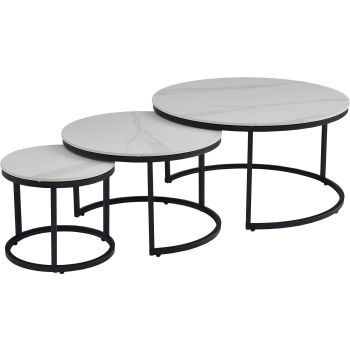 Runder Beistelltisch mit Keramikplatte und weißen Stahlbeinen. Maße: Durchmesser 80/60/40 cm x Höhe 42,5/38,5/34,5 cm. Kollektion MARTA.