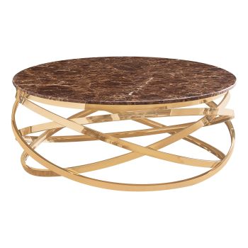 Runder Design-Couchtisch mit poliertem, goldfarbenem Edelstahlgestell und brauner Marmorplatte im Kunststil, L 100 x H 43 cm, Kollektion ENRICO