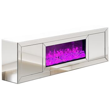 Designer-TV-Möbel mit integriertem Kaminimitat, gefertigt aus MDF-Holz und silbernem Spiegelglas, B 200 x T 40 x H 60 cm, Kollektion MAYA