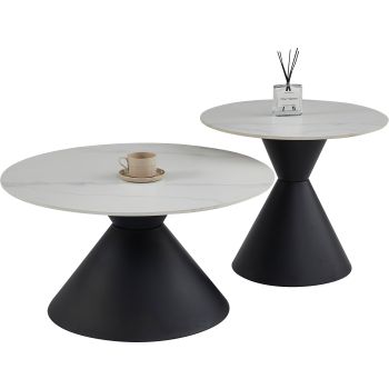 Runder Beistelltisch mit weißer Keramikplatte und schwarzen Stahlbeinen, Durchmesser 80/60 x Höhe 42,5/52 cm, Kollektion PABLO