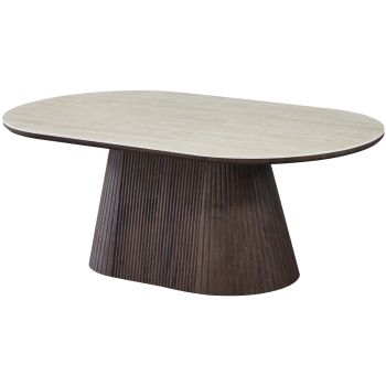 Ovaler Design-Couchtisch mit Travertin-Keramikplatte und Beinen aus MDF in Walnussoptik, L 130 x T 70 x H 45 cm, Kollektion SOHO